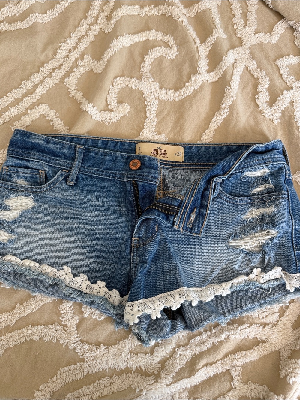 Hollister Blue Distressed Denim Shorts with White Lace Trim